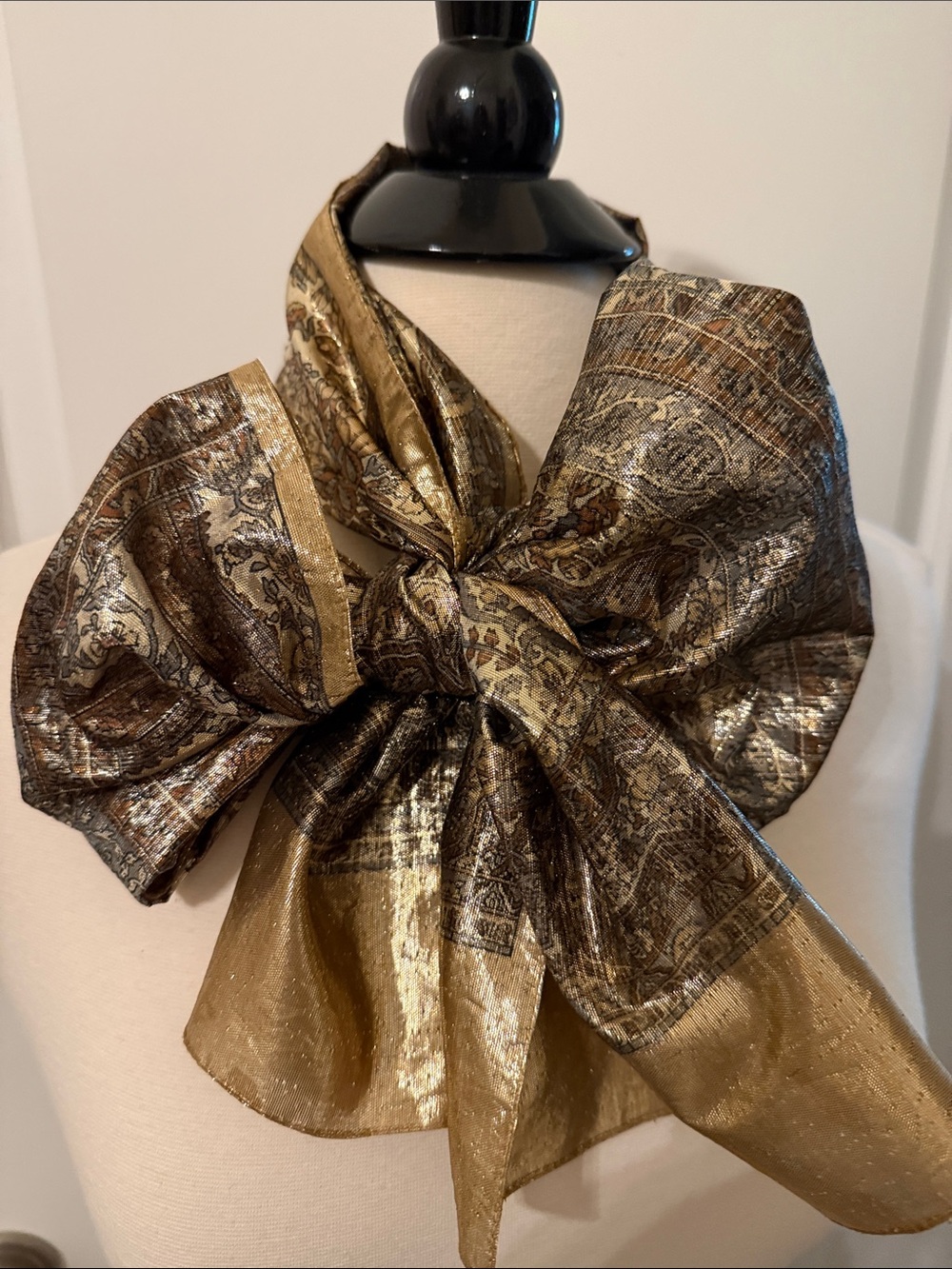 Intricate Paisley Print Scarf in metallic gold and bronze